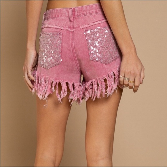 POL Barbie Pink Bling Fringe Sequin Shorts - Picture 2 of 4